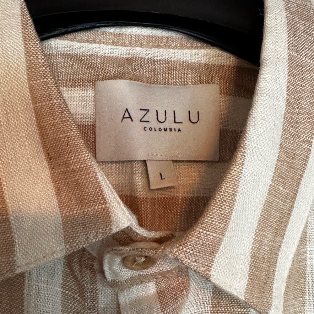 Azulu Men's Beige and Cream Striped Casual Linen Shirt